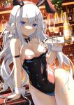  1girl alcohol animal_ears black_bow black_bowtie black_leotard blue_eyes bottle bow bowtie champagne champagne_flute counter cowboy_shot cup detached_collar drinking_glass dutch_angle highres leotard original playboy_bunny rabbit_ears shinko_gunsei silver_hair solo tray wrist_cuffs 