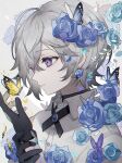  1boy bug butterfly close-up commentary_request eyebrows_visible_through_hair face flower gloves hair_between_eyes highres looking_at_another namiki_itsuki original short_hair violet_eyes white_hair 