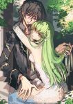  1boy 1girl arm_around_neck backless_dress backless_outfit black_hair breast_press breasts c.c. choker clothing_cutout code_geass collared_shirt couple creayus day detached_sleeves dress dress_shirt green_hair grey_shirt head_tilt hetero holding_another&#039;s_hair lelouch_lamperouge long_hair looking_at_viewer medium_breasts open_clothes open_shirt parted_lips pink_eyes shirt short_hair sideboob sketch sleeveless sleeveless_dress thigh_cutout very_long_hair white_choker white_dress white_sleeves wing_collar yellow_eyes 