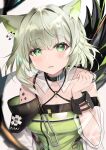  1girl animal_ears arknights bangs bare_shoulders blush cat_ears cat_girl eyebrows_visible_through_hair green_eyes highres hiiro60 kal&#039;tsit_(arknights) mon3tr_(arknights) off_shoulder oripathy_lesion_(arknights) parted_lips short_hair silver_hair stethoscope 