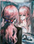  1girl bangs bathroom black_shirt blue_eyes commentary different_reflection english_commentary expressionless highres long_hair looking_at_mirror low_ponytail mirror neck_ribbon original orniflop pink_hair ponytail red_ribbon reflection ribbon scar scar_on_face shirt sink solo upper_body white_shirt 