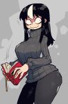 1girl absurdres alternate_costume book breasts grey_pants grey_sweater highres large_breasts long_fingers long_hair multicolored_hair noss_(rariatto) original pants rariatto_(ganguri) ribbed_sweater streaked_hair sweater thighs turtleneck turtleneck_sweater vampire wavy_mouth white_hair 