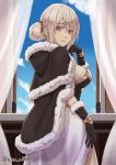  1girl bangs blonde_hair blue_sky breasts brown_cape brown_dress brown_gloves cape clouds commentary_request cowboy_shot day double_bun dress expressionless fur-trimmed_cape fur-trimmed_gloves fur_trim gloves hair_ribbon high_wizard_(ragnarok_online) indoors kathryne_keyron looking_at_viewer looking_back masaki_shino medium_breasts open_window parted_lips ragnarok_online red_eyes red_ribbon ribbon short_hair sky solo twitter_username two-tone_dress white_dress window 