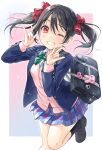  1girl \m/ bag black_hair blazer blue_jacket blue_skirt bow bowtie cardigan commentary_request double_\m/ green_bow green_bowtie grin highres jacket looking_at_viewer love_live! love_live!_school_idol_project otonokizaka_school_uniform pink_cardigan plaid plaid_skirt red_eyes sakou_mochi school_bag school_uniform skirt smile solo striped striped_bow striped_bowtie twintails winter_uniform yazawa_nico 