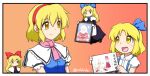  4girls alice_margatroid alice_margatroid_(pc-98) apron ascot black_dress blonde_hair blue_bow blue_dress blue_hairband blue_skirt bow capelet closed_mouth collared_shirt doll dress frilled_capelet frills hair_bow hairband hakurei_reimu hakurei_reimu_(pc-98) happy holding hourai_doll long_hair minigirl multiple_girls open_mouth pink_ascot portrait_(object) puffy_short_sleeves puffy_sleeves rakkidei red_bow redhead shanghai_doll shirt short_hair short_sleeves skirt smile suspender_skirt suspenders touhou touhou_(pc-98) white_capelet white_shirt yellow_eyes |_| 