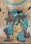  commentary_request full_body hanato_yousei highres jewelry looking_at_viewer lucario one_knee pokemon pokemon_(game) pokemon_unite red_eyes ruby_(gemstone) shiny spikes toes twitter_username yellow_fur 