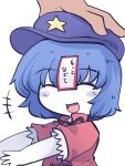  +++ 1girl blue_hair blue_headwear blush blush_stickers eyebrows_visible_through_hair fried_rice0614 hat hat_ornament highres miyako_yoshika ofuda one-hour_drawing_challenge open_mouth pale_skin red_shirt sharp_teeth shirt short_hair short_sleeves simple_background smile solo_focus star_(symbol) star_hat_ornament teeth touhou upper_body white_background 