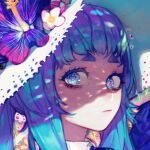  1girl blue_eyes blue_hair closed_mouth flower hat hat_flower heart heart-shaped_pupils looking_at_viewer original pigeon666 portrait purple_flower solo symbol-shaped_pupils thick_eyebrows 