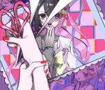 ame-chan_(needy_girl_overdose) black_hair bow chouzetsusaikawa_tenshi-chan chromatic_aberration hair_ornament hands_on_own_face highres holographic_clothing multicolored_nails needy_girl_overdose onga open_mouth quad_tails red_nails scissors silver_hair slit_wrist teeth upper_teeth violet_eyes x_hair_ornament 