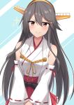  1girl akahi242 black_hair brown_eyes detached_sleeves hair_ornament hairband hairclip haruna_(kancolle) headgear highres kantai_collection long_hair looking_at_viewer red_skirt ribbon-trimmed_sleeves ribbon_trim skirt smile solo translation_request upper_body v_arms 