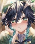  1boy androgynous bard beret bishounen blue_eyes blue_hair blush braid closed_mouth commentary_request face flower genshin_impact gradient_hair green_headwear hat highres looking_at_viewer male_focus multicolored_hair otoko_no_ko short_hair_with_long_locks straight-on twin_braids una_kamra venti_(genshin_impact) 