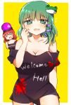  +_+ 2girls bangs bare_shoulders black_headwear black_shirt blush border breasts brown_shirt closed_eyes clothes_writing collarbone commentary_request cosplay embarrassed eyebrows_visible_through_hair eyes_visible_through_hair frog_hair_ornament green_eyes green_hair green_skirt hair_between_eyes hair_ornament hand_up heart heart_print hecatia_lapislazuli hecatia_lapislazuli_(cosplay) highres kochiya_sanae large_breasts looking_down medium_breasts multiple_girls no_pants off-shoulder_shirt off_shoulder open_mouth polos_crown redhead shirt short_hair short_sleeves simple_background skirt smile snake_hair_ornament star_(symbol) t-shirt touhou underworld_(ornament) white_border yellow_background zeroko-san_(nuclear_f) 