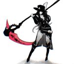  1other androgynous arolace ascot boots full_body guilty_gear guilty_gear_strive hat highres holding holding_scythe holding_weapon long_hair looking_at_viewer monochrome off_shoulder red_eyes scythe simple_background solo spot_color testament_(guilty_gear) very_long_hair weapon white_background 