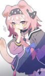  1girl animal_ears arknights black_bow black_collar black_hairband black_jacket black_skirt blue_bow blush bow braid cat_ears cat_tail collar eyebrows_visible_through_hair floppy_ears flying_sweatdrops garter_straps goldenglow_(arknights) hair_between_eyes hair_bow hairband hand_to_own_mouth highres jacket long_hair multicolored_clothes multicolored_jacket niteenet open_clothes open_jacket open_mouth pink_hair pink_jacket shadow shirt simple_background skirt solo tail tail_raised thigh-highs two-tone_jacket white_background white_legwear white_shirt yellow_eyes 