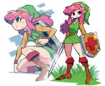  1girl absurdres belt blue_eyes blush_stickers boots brown_belt brown_footwear character_request closed_mouth dress frown grass green_dress green_headwear hat highres holding holding_sword holding_weapon multiple_views one_knee pink_hair rariatto_(ganguri) standing sword the_legend_of_zelda weapon 