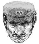  1boy commentary english_commentary facial_hair frown grandguerrilla greyscale hat looking_at_viewer male_focus mario monochrome mustache realistic shaded_face simple_background solo super_mario_bros. white_background 