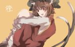  1girl :3 :d animal_ear_fluff animal_ears bangs brown_hair cat_ears cat_tail chen dress eyebrows_visible_through_hair feet_out_of_frame from_side green_headwear hat knees_to_chest knees_up mob_cap multiple_tails nekomata open_mouth orange_background red_dress red_eyes sara_mi simple_background slit_pupils smile solo tail touhou two_tails 