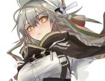  1girl :&lt; arknights bangs black_cape blush breasts bright_pupils cape closed_mouth eyebrows_visible_through_hair fartooth_(arknights) feather_hair from_below kaguura_(kagu) long_hair looking_at_viewer looking_down medium_breasts orange_eyes shirt silver_hair simple_background solo upper_body visor_(armor) white_background white_shirt 