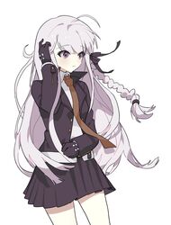  1girl absurdres ahoge bangs black_gloves black_jacket black_ribbon black_skirt braid brown_necktie closed_mouth collared_shirt cowboy_shot danganronpa:_trigger_happy_havoc danganronpa_(series) eyebrows_visible_through_hair gloves hair_ribbon highres jacket kirigiri_kyouko long_hair long_sleeves mirae necktie open_clothes open_jacket pleated_skirt purple_hair ribbon shirt simple_background skirt solo violet_eyes white_background 