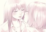  2girls blush closed_eyes collarbone facing_another highres imminent_kiss lips long_hair macosee monochrome multiple_girls open_clothes open_shirt original parted_lips profile shirt short_hair upper_body yuri 