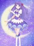  1girl absurdres bag blue_eyes boots breasts brooch choker crescent_moon cure_selene dress earrings eyebrows_visible_through_hair hair_ribbon highres jewelry kaguya_madoka looking_at_viewer magical_girl moon precure puffy_short_sleeves puffy_sleeves purple_background purple_choker purple_dress purple_hair red_ribbon ribbon short_sleeves small_breasts smile standing star_twinkle_precure starry_background torikoshi_kurou white_footwear 