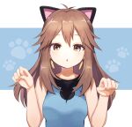  1girl animal_ears antenna_hair bangs blue_shirt blush breasts brown_eyes brown_hair cat_ears clenched_hands commentary_request earrings hair_flaps hands_up highres jewelry leaf_(pokemon) long_hair looking_at_viewer moegi_itsukashi parted_lips paw_pose paw_print paw_print_background pokemon pokemon_(game) pokemon_frlg shiny shiny_hair shirt sleeveless sleeveless_shirt solo upper_body 