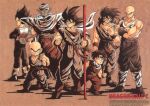  1990s_(style) 6+boys bald beige_background black_hair boots cape character_name copyright_name crossed_arms dougi dragon_ball dragon_ball_z facial_mark father_and_son forehead_mark height_difference high_contrast highres holding holding_polearm holding_weapon kuririn limited_palette long_hair looking_at_viewer male_focus medium_hair multiple_boys muscular muscular_male namekian non-web_source nyoibo official_art parted_lips piccolo pointy_ears polearm retro_artstyle saiyan saiyan_armor scan serious short_hair simple_background son_gohan son_goku spiky_hair standing tank_top tenshinhan third_eye turban vegeta weapon wristband yamcha 