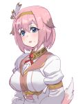  1girl animal_ears armband blue_eyes blush bow_(bhp) breasts collar copyright_request dog_ears dog_tail hairband jacket large_breasts long_sleeves looking_at_viewer medium_hair pink_hair simple_background smile solo sweatdrop tail upper_body white_background white_jacket 