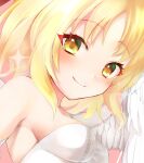  1girl bangs blonde_hair blush breasts closed_mouth commentary_request dress eyebrows_visible_through_hair eyelashes gengetsu_(touhou) happy highres inuimahirocha looking_at_viewer off-shoulder_dress off_shoulder short_hair sideboob smile strapless strapless_dress touhou touhou_(pc-98) wedding_dress white_dress yellow_eyes 