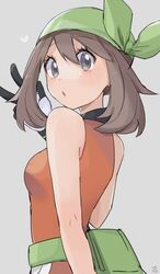  1girl :o bandana bangs bare_arms brown_hair dress eyelashes fanny_pack gloves green_bag green_bandana grey_background grey_eyes hair_between_eyes hand_up heart highres looking_at_viewer looking_back may_(pokemon) medium_hair orange_dress pokemon pokemon_(game) pokemon_emerald pokemon_rse ririmon signature sleeveless sleeveless_dress solo upper_body w 