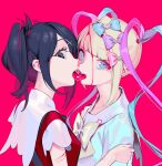  2girls ame-chan_(needy_girl_overdose) bangs black_eyes black_hair blonde_hair blue_bow blue_eyes blue_hair blunt_bangs bow bowtie breasts censored chouzetsusaikawa_tenshi-chan eyebrows_visible_through_hair from_side hair_bow hair_ornament heart highres long_hair looking_at_viewer mosaic_censoring multicolored_hair multiple_girls needy_girl_overdose official_art ohisashiburi open_mouth pink_background pink_bow pink_hair quad_tails school_uniform simple_background small_breasts star_(symbol) teeth tongue tongue_out upper_teeth white_bow white_bowtie x_hair_ornament yuri 
