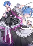  1girl apron black_dress blue_eyes blue_hair commentary detached_sleeves dress english_commentary esojima_gary eyelashes frilled_dress frills hair_ornament hairclip highres maid maid_apron maid_headdress re:zero_kara_hajimeru_isekai_seikatsu rem_(re:zero) shoes short_hair sketch solo white_background white_legwear zoom_layer 