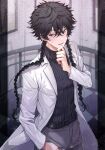  1boy absurdres black_hair blue_period blurry blurry_background blush braid grey_pants hand_on_own_chin hand_up hashida_haruka highres huwarinn99 indoors jacket long_hair male_focus pants ribbed_shirt shirt solo standing sweatdrop twin_braids very_long_hair violet_eyes white_jacket 