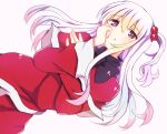  1girl black_bow bow capelet commentary_request dress grey_hair hair_bobbles hair_ornament long_hair long_sleeves lying open_mouth red_capelet red_dress shinki_(touhou) side_ponytail simple_background touhou touhou_(pc-98) violet_eyes white_background wide_sleeves zeroko-san_(nuclear_f) 