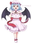  1girl :d \||/ bangs bat_wings blue_hair boots embodiment_of_scarlet_devil frilled_shirt_collar frills full_body hands_up hat highres light_blush looking_at_viewer medium_hair mob_cap petticoat red_eyes remilia_scarlet shirt simple_background skirt smile smug solo standing touhou v-shaped_eyebrows white_background white_shirt white_skirt wings yozakura223 