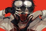  1boy black_hair choker gas_mask gloves goggles goggles_on_head highres jacket jewelry kuroume_(aihikarikuroume24) long_sleeves looking_at_viewer mask original red_background red_eyes red_nails ring short_hair solo white_jacket 