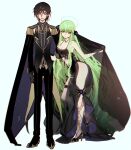  1boy 1girl absurdly_long_hair bangs bare_hips bare_legs belt_buckle black_dress black_hair black_jacket black_pants brown_eyes buckle c.c. code_geass collared_shirt creayus dress eyebrows_visible_through_hair full_body gloves green_hair grey_gloves hair_between_eyes hand_on_another&#039;s_hip high_heels jacket lelouch_lamperouge long_hair long_sleeves looking_at_viewer midriff pants pumps revealing_clothes shiny shiny_hair shiny_skin shirt short_hair simple_background sketch standing stomach straight_hair striped striped_shirt veil vertical-striped_shirt vertical_stripes very_long_hair violet_eyes white_background wing_collar 