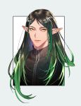  1boy black_hair border circlet closed_mouth elf eyelashes eyeliner green_hair hanabatake_chaika lace_trim lips long_hair makeup male_focus multicolored_hair nijisanji outside_border pointy_ears portrait solo straight_hair tenobe two-tone_hair virtual_youtuber white_background yellow_eyes 