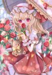  1girl animal_ears ascot back_bow bangs bear_ears blonde_hair blue_flower blue_rose blue_sky blush bow bush clouds cloudy_sky collared_dress commentary_request covering_mouth crystal dark_skin dorowa_(drawerslove) dress eyebrows_visible_through_hair eyelashes eyes_visible_through_hair flandre_scarlet flower frills garden hair_between_eyes hand_up hat hat_ornament hat_ribbon heart heart_in_eye highres holding holding_umbrella jewelry leaf light looking_at_viewer mob_cap multicolored_eyes multicolored_wings one_side_up pink_eyes pink_flower pink_rose puffy_short_sleeves puffy_sleeves purple_flower purple_rose red_bow red_dress red_flower red_ribbon red_rose ribbon rose shadow shirt short_hair short_sleeves sitting sky solo sparkle star_(symbol) stuffed_animal stuffed_toy sunlight symbol_in_eye teddy_bear touhou umbrella white_bow white_flower white_headwear white_rose white_shirt wings wrist_cuffs yellow_ascot yellow_bow 
