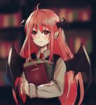  1girl ahoge bangs bat_wings black_vest blurry blurry_background book closed_mouth eyebrows_visible_through_hair head_wings holding holding_book indoors koakuma library light_smile long_hair looking_at_viewer necktie pointy_ears red_necktie sara_mi shirt solo touhou upper_body very_long_hair vest white_shirt wing_collar wings 