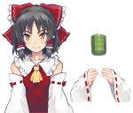  1girl absurdres ascot bangs black_hair blush bow breasts closed_mouth commentary_request cookie_(touhou) cup detached_sleeves frilled_bow frilled_hair_tubes frilled_shirt_collar frills hair_bow hair_tubes hakurei_reimu highres looking_at_viewer medium_hair red_bow red_shirt ribbon-trimmed_sleeves ribbon_trim sananana_(cookie) shirt simple_background small_breasts smile solo touhou transparent_background upper_body white_sleeves yamabe_no_akahito yellow_ascot yellow_eyes yunomi 