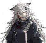  1girl :d animal_ears antenna_hair arknights black_jacket blood blood_on_clothes blood_on_face grey_eyes grey_hair hair_between_eyes highres jacket joshua_(shisanli934) lappland_(arknights) long_hair looking_at_viewer messy_hair open_mouth simple_background sketch smile solo teeth upper_body upper_teeth white_background wolf_ears 