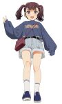  1girl artist_name bag belt blush brown_hair from_below full_body grey_eyes looking_at_viewer mattaku_mousuke open_mouth original shorts shoulder_bag sleeves_past_wrists solo sweater teeth twintails upper_teeth v watermark white_background 