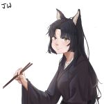  1girl :t absurdres animal_ears arknights bangs black_hair black_kimono chopsticks commentary_request dog_ears eyebrows_visible_through_hair facial_mark forehead_mark highres holding holding_chopsticks japanese_clothes jw_(wrdawrda) kimono long_hair long_sleeves looking_at_viewer saga_(arknights) simple_background smile solo upper_body white_background wide_sleeves yellow_eyes 