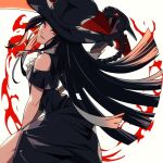  1other androgynous ascot black_dress black_hair dress fingerless_gloves gloves guilty_gear guilty_gear_strive hat head_tilt holding holding_scythe holding_weapon long_hair looking_at_viewer nbtkm off-shoulder_dress off_shoulder red_eyes scythe short_sleeves simple_background skull smile solo testament_(guilty_gear) top_hat very_long_hair weapon white_ascot white_background 