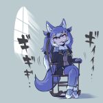  animal_ears black_coat blue_hair blue_legwear blue_neckwear blue_skirt chair coat commentary_request dire_wolf_(kemono_friends) eyebrows_visible_through_hair fur_collar gloves grey_hair head_on_hand highres japari_symbol kemono_friends kemono_friends_v_project long_hair long_sleeves mcgunngu microphone multicolored_hair neck_ribbon plaid_trim pleated_skirt ribbon rocking_chair sitting skirt tail thigh-highs twintails white_fur white_gloves white_hair wolf_ears wolf_girl wolf_tail yellow_eyes zettai_ryouiki 