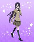  1girl black_footwear bow bowtie brown_jacket brown_skirt dress_shirt full_body glasses heartcatch_precure! highres jacket kneehighs loafers long_hair long_sleeves miniskirt myoudou_gakuen_high_school_uniform official_art pleated_skirt precure precure_connection_puzzlun purple_hair red_bow red_bowtie school_uniform shirt shoes skirt smile socks solo third-party_source tsukikage_yuri violet_eyes walking white_shirt 