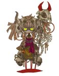  1girl bangs bell blonde_hair braid brown_robe chibi full_body glowing glowing_eyes green_eyes hair_bell hair_ornament horns jitome long_hair looking_at_viewer original pointy_ears shaded_face shaman simple_background skeleton skull skull_hair_ornament solo staff twin_braids white_background yamada9000 
