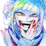  1girl bags_under_eyes bangs blonde_hair blood blood_in_mouth blood_on_clothes blood_on_face blood_on_hands blood_on_teeth blunt_bangs boku_no_hero_academia double_bun fangs hand_on_own_face highres open_mouth simple_background smile teeth toga_himiko twitter_username unou_(unou_mha) white_background yellow_eyes 