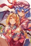  2girls ascot ayatsuki_sugure bat_wings blonde_hair blue_hair blush bow bowtie closed_eyes closed_mouth collared_shirt commentary crystal eyebrows_visible_through_hair flandre_scarlet frilled_skirt frilled_sleeves frills grin hair_between_eyes happy hat hat_ribbon highres holding_hands hug hug_from_behind looking_at_another medium_hair mob_cap multiple_girls pink_headwear pink_shirt pointy_ears puffy_short_sleeves puffy_sleeves red_bow red_bowtie red_eyes red_ribbon red_skirt red_vest remilia_scarlet ribbon shirt short_hair short_sleeves siblings sisters skirt skirt_set smile teeth touhou twitter_username vest white_shirt wings wrist_cuffs yellow_ascot 
